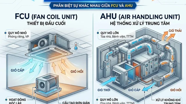 FCU (Fan Coil Unit) và AHU (Air Handling Unit) là gì ? Phân biệt sự khác nhau giữa FCU và AHU