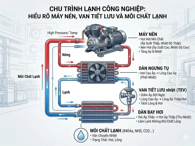 Chu Trình Lạnh Công Nghiệp: Hiểu Rõ Máy Nén, Van Tiết Lưu và Môi Chất Lạnh
