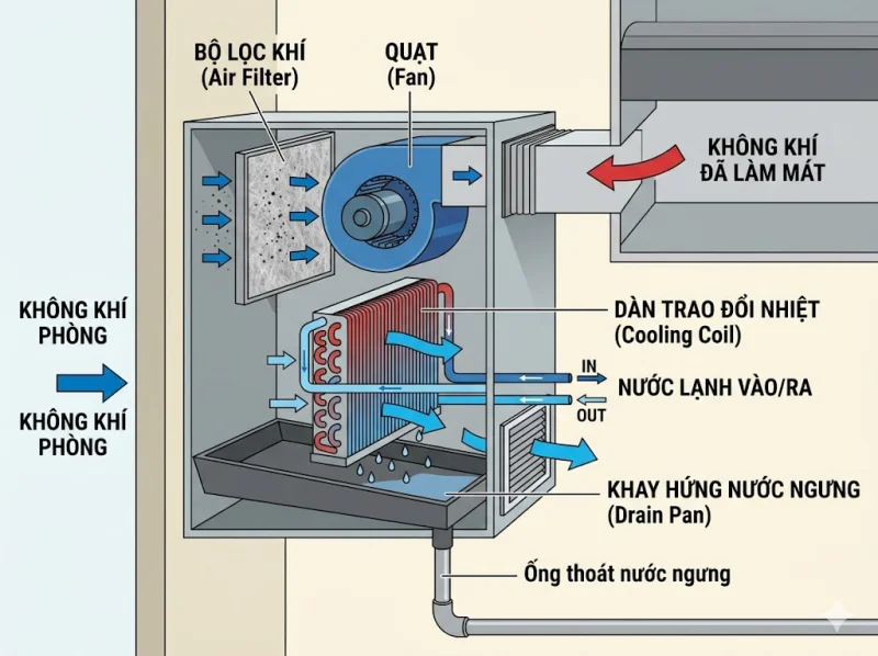 FCU (Fan Coil Unit) và AHU (Air Handling Unit) là gì ? Phân biệt sự khác nhau giữa FCU và AHU